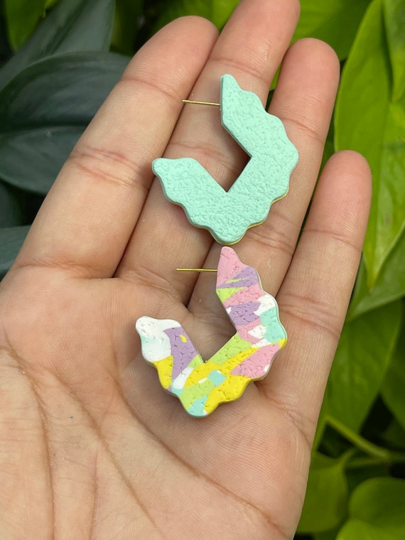 Reversible Hoops Collection Statement Earrings Clay Jewelry pink yellow teal green stud mini Color block pastel