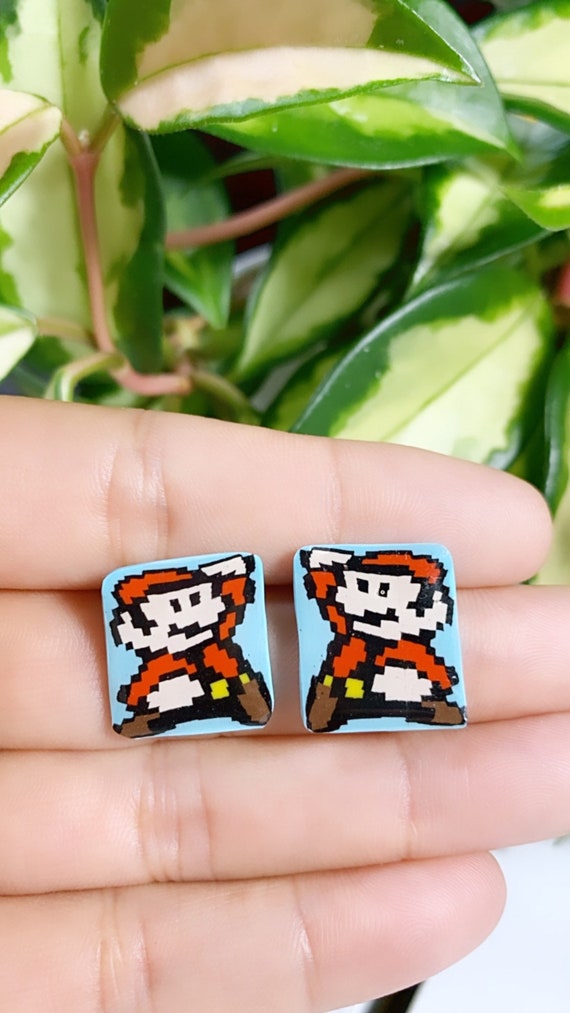 Super Mario Inspired Statement Earrings 8 bit Gamer Retro Polymer Clay Resin dangle Hoops Super Size Small Studs