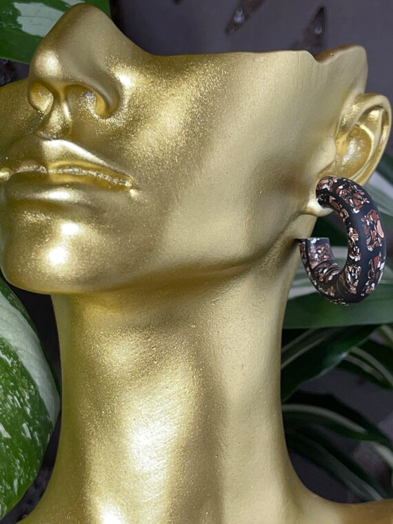 Tribal Print Life’s Journey Collection Statement Earrings Clay Handcrafted Dangles Black Ecru Cinnamon Hoops small