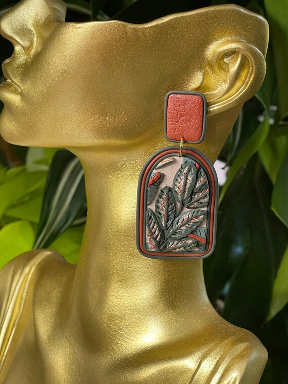Fall Tropicals collection Jungle leaf Statement Earrings Clay Jewelry Organic Art Bobo chic concrete