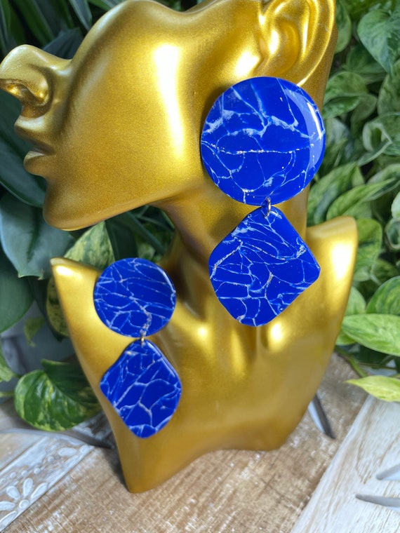 Lapis Dream Collection Oversized Mega Statement Earrings Clay Jewelry Lightweight Unique Vintage Look