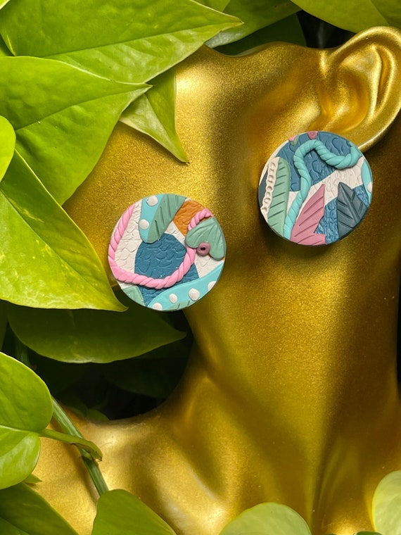 Tropical Abstract Stud Print Collection Statement Earrings Clay Jewelry cream ecru sage orange aqua pink teal stud mini Color blocked