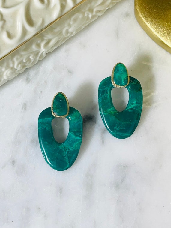 Emerald Jade faux stone Stud Collection Statement Earrings Clay Handcrafted marble Small gold
