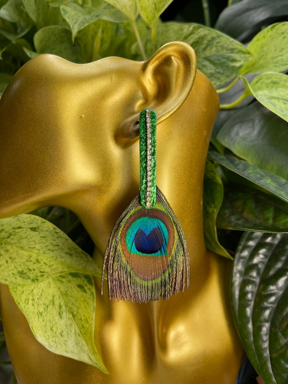 Peacock Blue Jungle Gold Earrings Tropical Statement Dangles Fringe Hand Cut Custom Stud