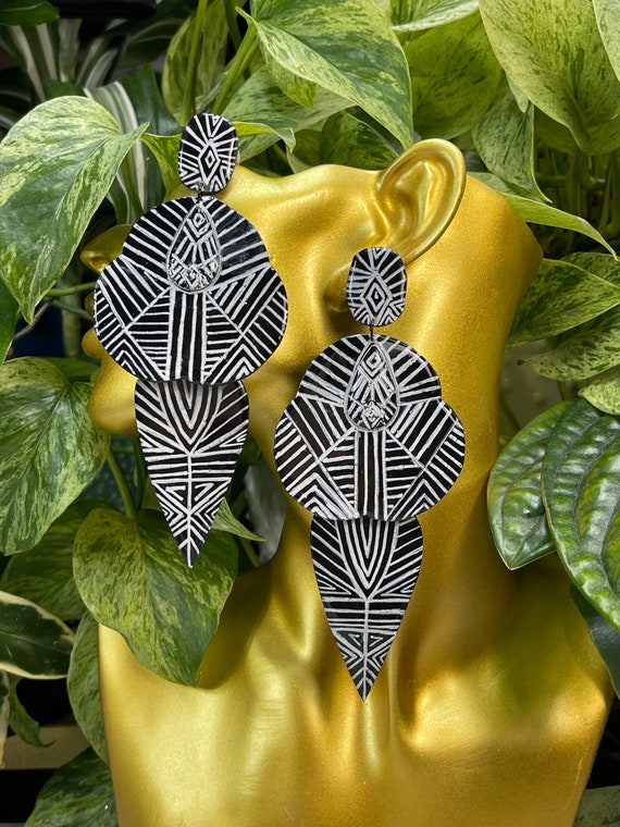 Life’s Journey Tribal Collection Hand Painted Statement Earrings Clay Handcrafted Dangles Black Bone