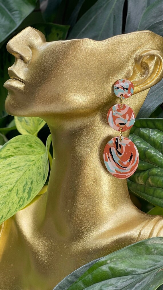 Indian Summer Collection BoHo Statement Earrings Clay Original unique Dangles Arrowhead Leaf Orange Rust Teal Yellow
