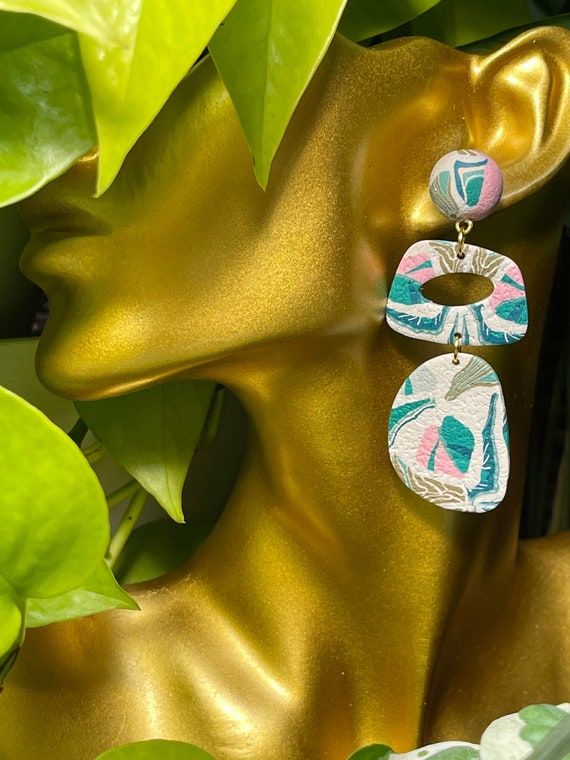 Tropical Abstract Stud Print Collection Statement Earrings Clay Jewelry cream ecru sage orange aqua pink teal stud mini Color blocked