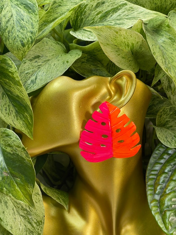 Neon Pink Orange polka dots Hoop Large Statement Hand painted Gold Earrings Clay handcrafted wide Tropical small