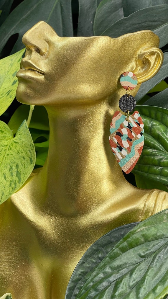 Indian Summer Collection BoHo Statement Earrings Clay Original unique Dangles Arrowhead Leaf Orange Rust Teal Yellow