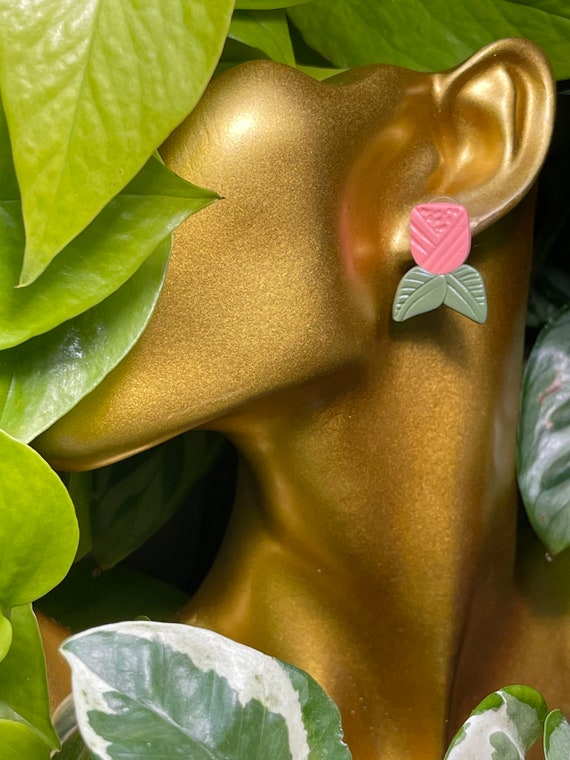 Spring Floral Art Tulips Medium Gold Hoop Stud Post Hand Cut Hypoallergenic Statement Earrings Clay Jewelry coral plum