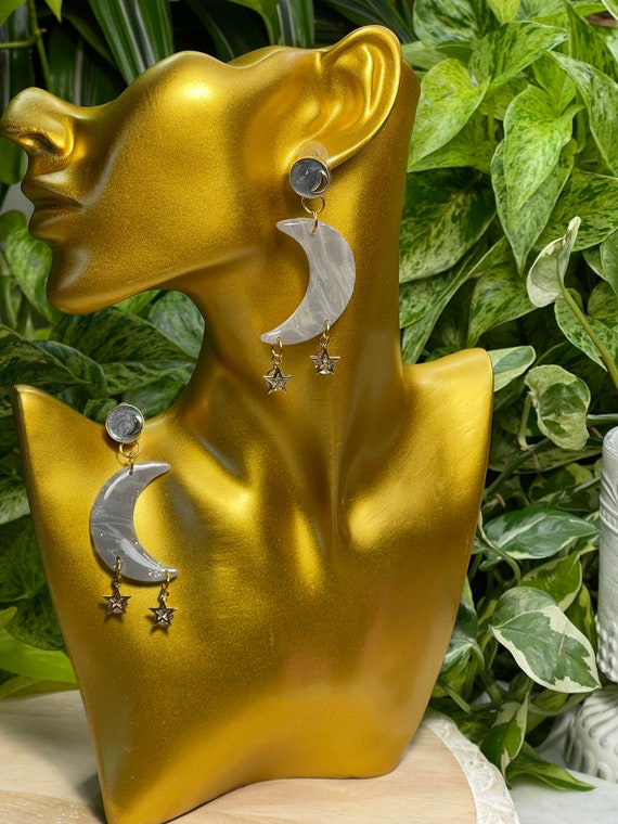 Luna Moon And Stars Collection Statement Grey Earrings Clay Jewelry