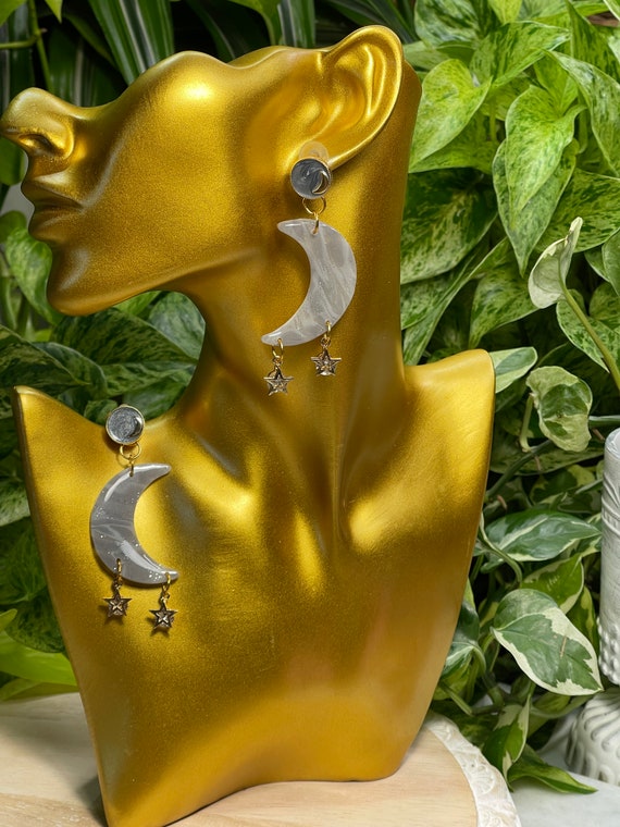 Luna Moon And Stars Collection Statement Grey  Earrings Clay Jewelry