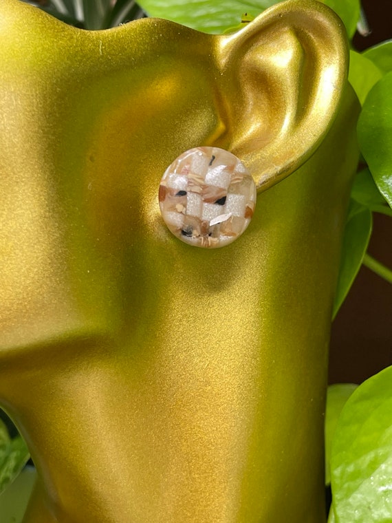 Tortoise Shell Pearl checkered stud Statement Earrings Clay Handcrafted Dangles draped wave gold checker board