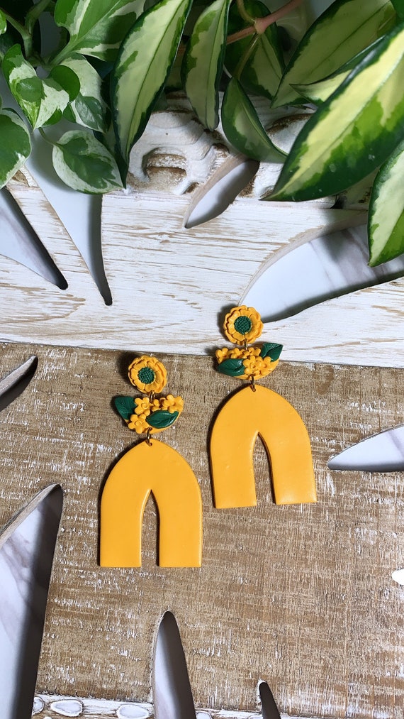 Shanelle Sunflower Yellow Floral Top Arch Neutral Large Statement Earrings Clay Jewelry minimalist flowers