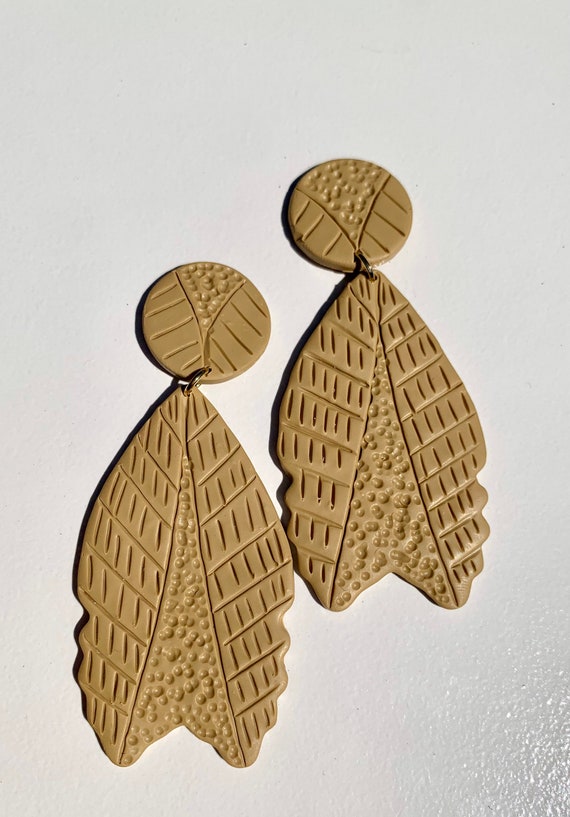 Indian Summer Collection BoHo Statement Earrings Clay Original unique Dangles Arrowhead Leaf Orange Rust Teal Yellow
