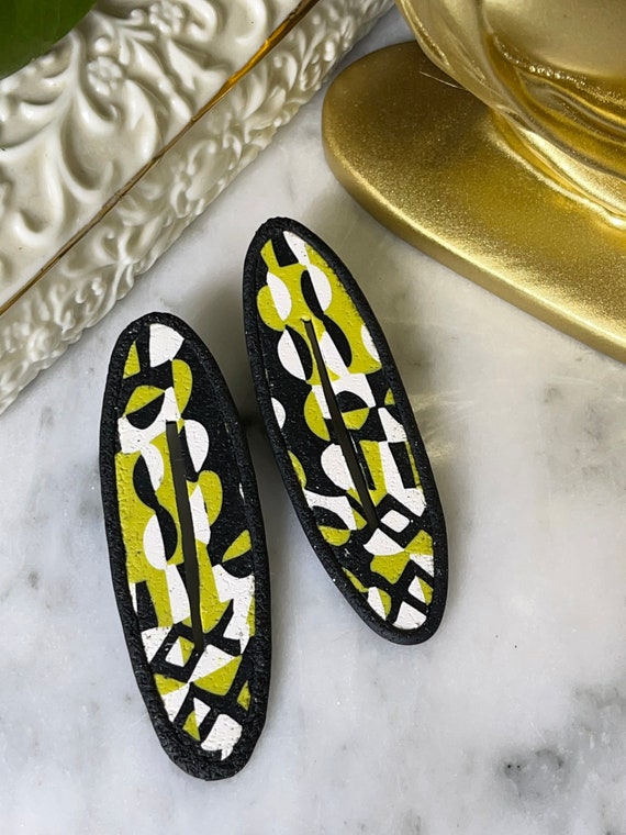 Tribal Print Life’s Journey Collection Statement Earrings Clay Handcrafted Dangles Black White Chartreuse Hoops small