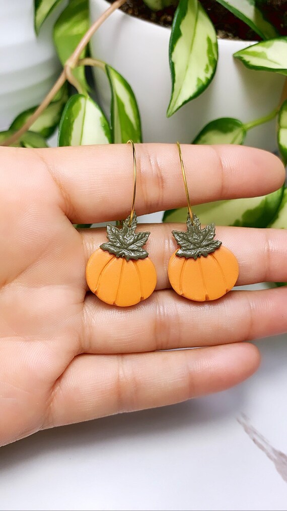 Made to order Small Pumpkin statement Earrings gold hoops silver Burnt orange Olive green autumn fall
