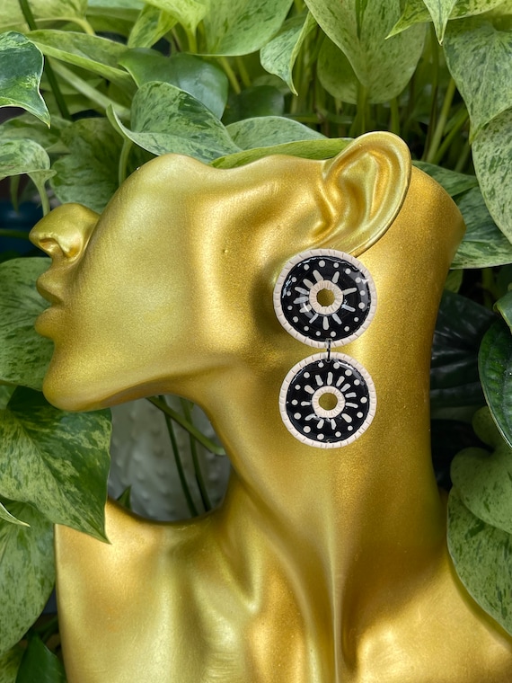 Tribal Life’s Journey Collection Hand Painted Statement Earrings Clay Handcrafted Dangles Black Bone