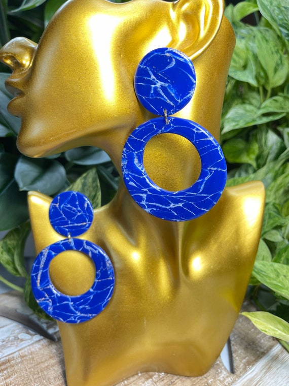 Lapis Lazuli Dream Collection Oversized Mega Statement Earrings Clay Jewelry Lightweight Unique Vintage Look