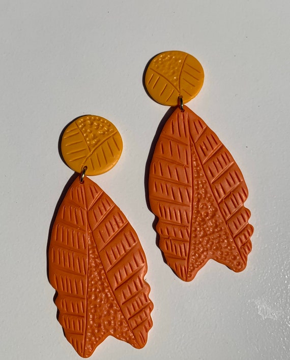 Indian Summer Collection BoHo Statement Earrings Clay Original unique Dangles Arrowhead Leaf Orange Rust Teal Yellow