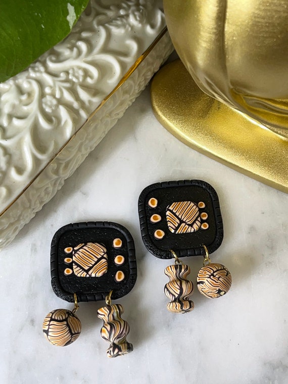 Tribal Print Life’s Journey Collection Statement Earrings Clay Handcrafted Dangles Black White Chartreuse Hoops small
