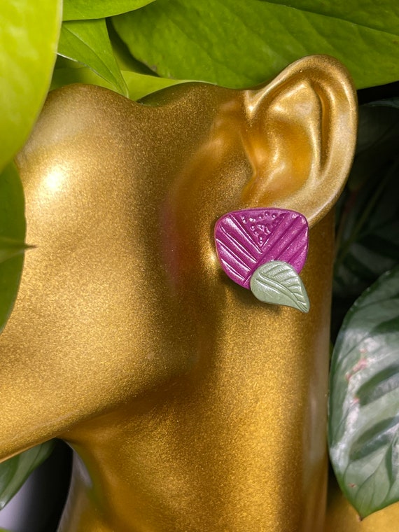 Spring Floral Art Tulips Medium Gold Hoop Stud Post Hand Cut Hypoallergenic Statement Earrings Clay Jewelry coral plum