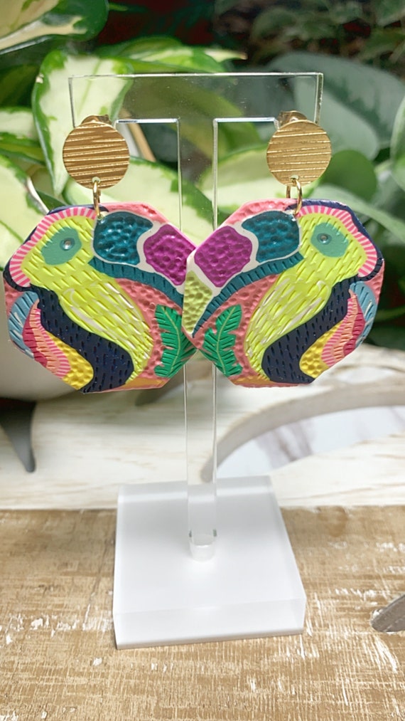Toucan Dreams Limited Edition Textured Statement Earrings Green pink neon Gold Yellow blue floral flower leaf multicolored
