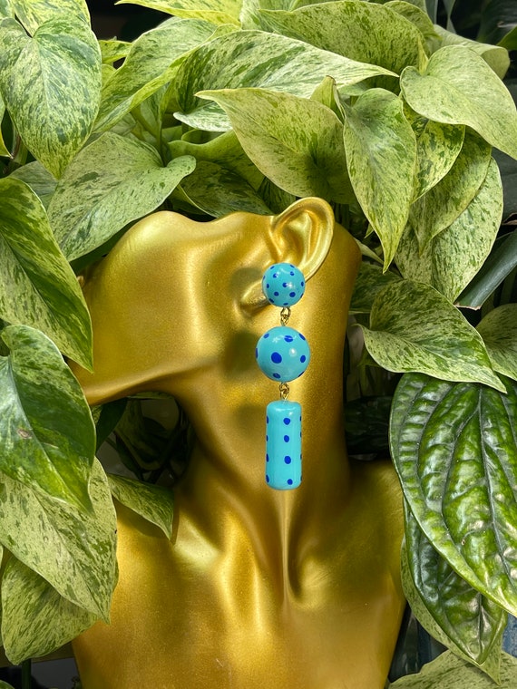 Neon Electric Blue Dots  Statement Hand painted Gold Earrings Clay handcrafted Wrapped Tropical Dangles