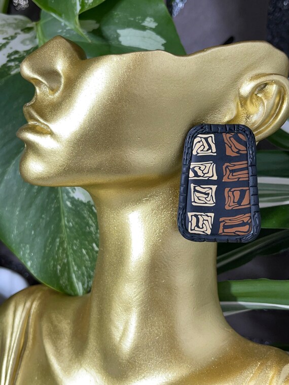 Tribal Print Life’s Journey Collection Statement Earrings Clay Handcrafted Dangles Black Ecru Cinnamon
