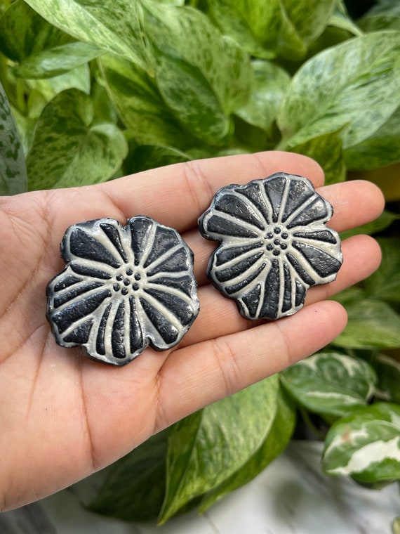 Hobo Fall Indie Floral Statement Earrings Clay Studs Dangles cream yellow teal burnt orange terra-cotta ceramic black