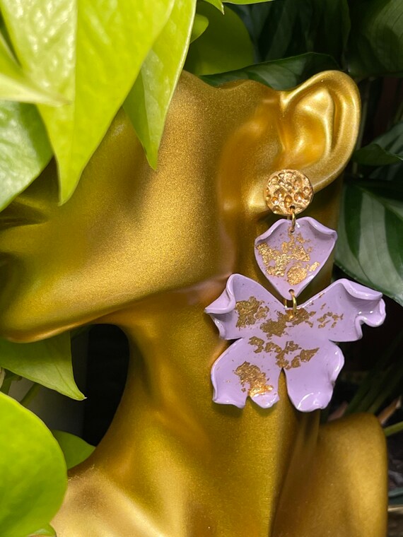 Spring Fling Contemporary Lilac gold Statement Earrings Large Dangles Polymer clay and Resin Hand cut Flowers lavender