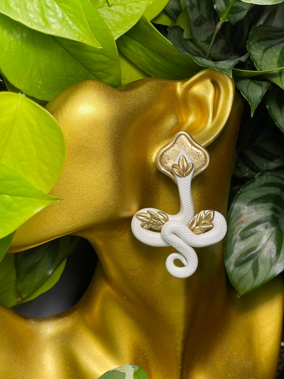 Jungle Slithereens Statement Earrings Large Silver Gold Post serpent snake Python White igloo Gold studs boho