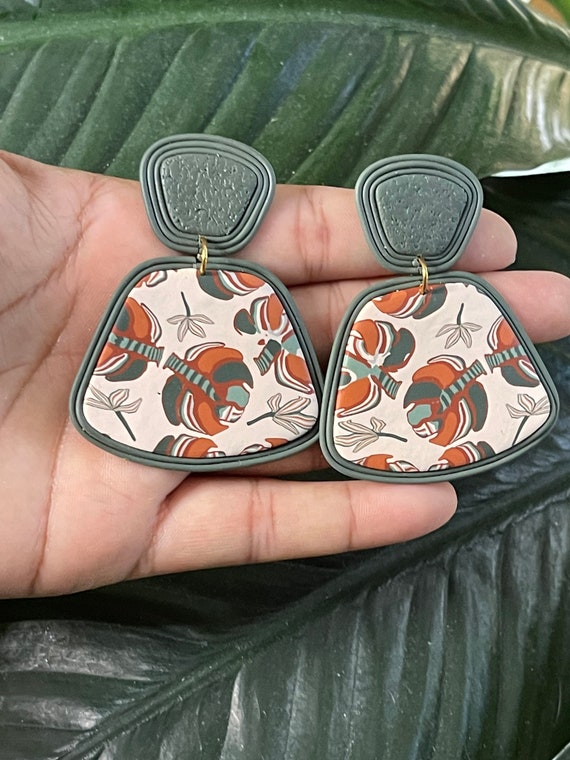 Fall Tropicals collection Jungle leaf Statement Earrings Clay Jewelry Organic Art Bobo chic concrete