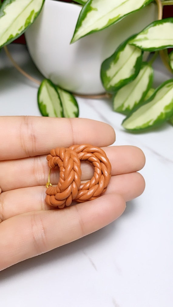 Rope Braid hoops  Statement Cognac rust  terra cotta Earrings Fall  Clay hoops olive green knit crochet