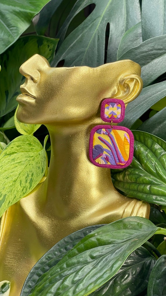 Tropicals collection Jungle leaf Statement Earrings Clay Jewelry Organic Art Bobo chic concrete