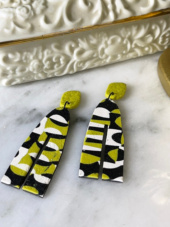 Tribal Print Life’s Journey Collection Statement Earrings Clay Handcrafted Dangles Black White Chartreuse Hoops small
