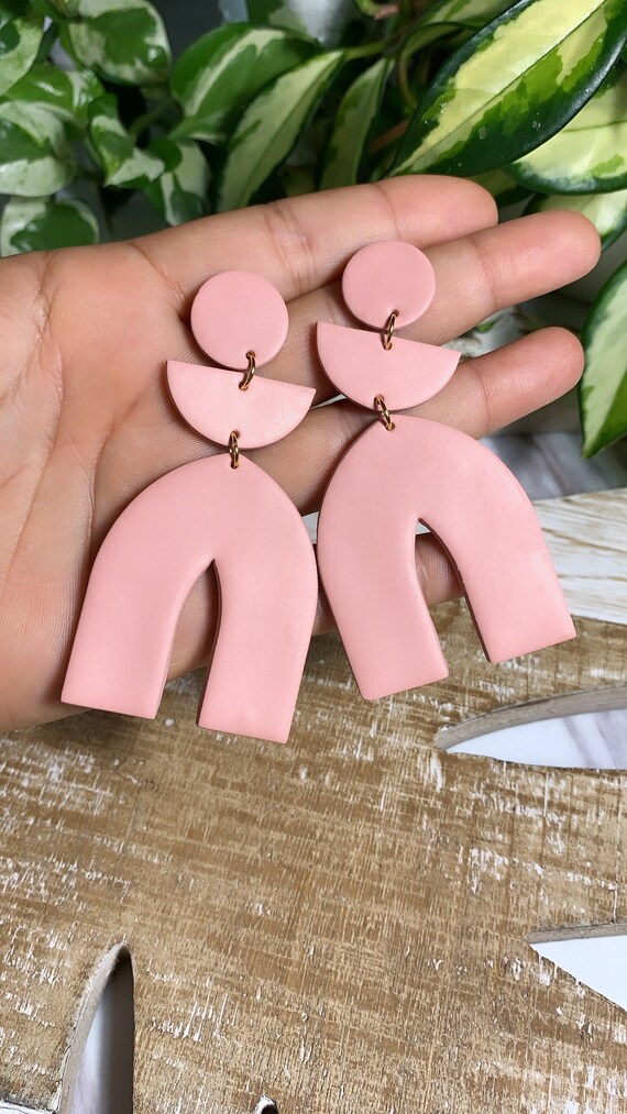 Shanelle Coral Pink Arch Neutral Large Statement Earrings Clay Jewelry minimalist