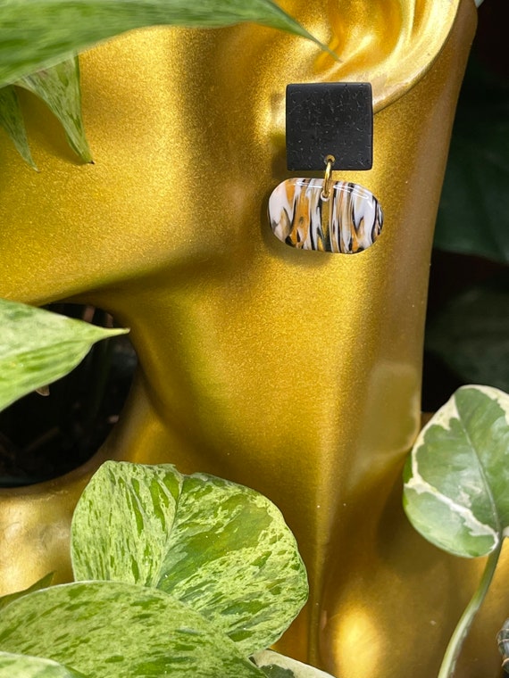 Calico Marble Dream Faux Stone Collection Square oval Small Statement Earrings Clay Lightweight Unique Black Gold Translucent Saints