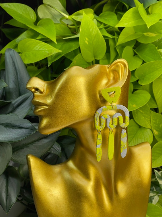 Modern Movement Dangles Green chartreuse gray Collection Statement Earrings Clay Jewelry Pumpkin Orange