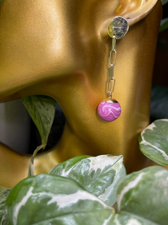 Pink Rose Faux Stone Ball dangle Collection Statement Earrings Clay Jewelry Lightweight Gold pearl Translucent Geode Lace Agate silver