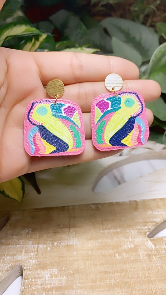 Toucan Dreams Limited Edition  Textured Statement Earrings Green pink neon Gold Yellow blue  floral flower leaf multicolored