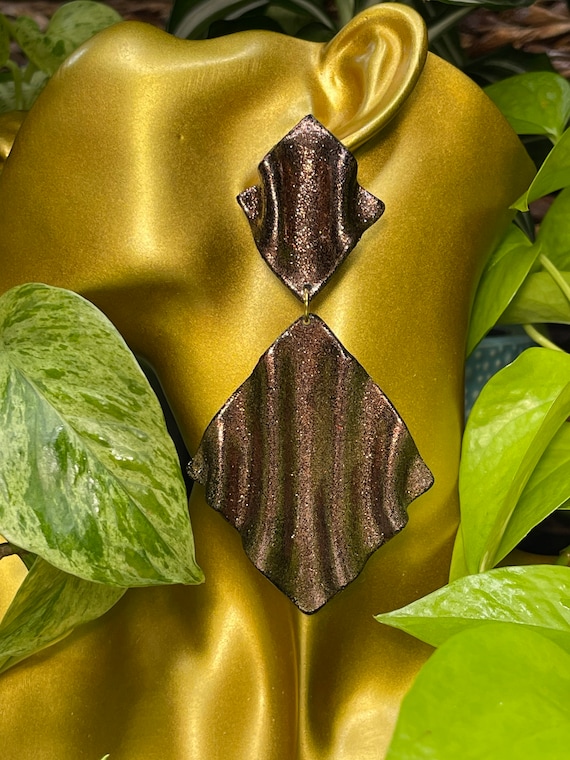 Draped in the Glam Glitter Double Statement Earrings Clay Handcrafted bronze brown Dangles draped wave gold