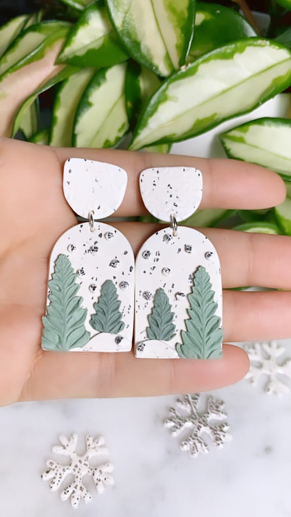 Winter Wonderland Let It Snow Collection stud dangle Statement Earrings Clay Jewelry Green tree sage silver foil