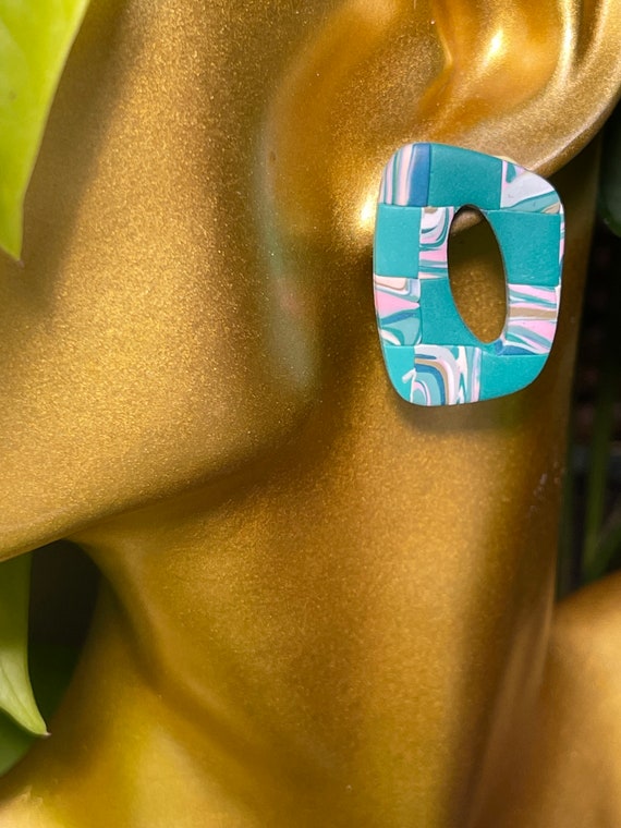 Tropical Abstract Stud Print Collection Statement Earrings Clay Jewelry cream ecru olive pink teal stud mini Color blocked