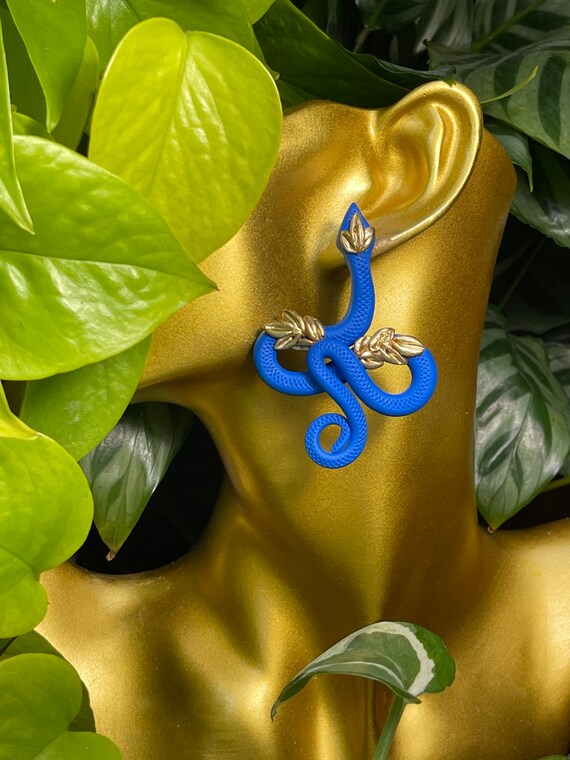 Jungle Slithereens Statement Earrings Large Silver Gold Post serpent snake Python Cobalt blue royal Gold studs boho
