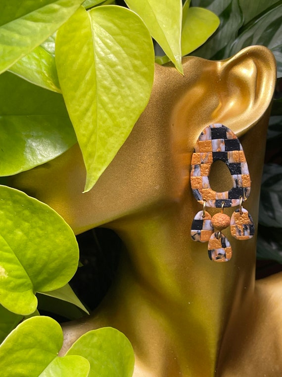 Modern Movement Dangles Rock Candy Collection Statement Earrings Clay Jewelry Black and gold translucent checkerboard