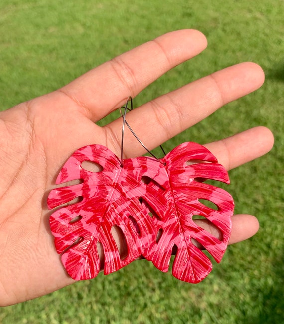 Palm Beach Monstera Big Statement Earrings Pink  red marbled Gold or silver Hoops Leaf Dangles