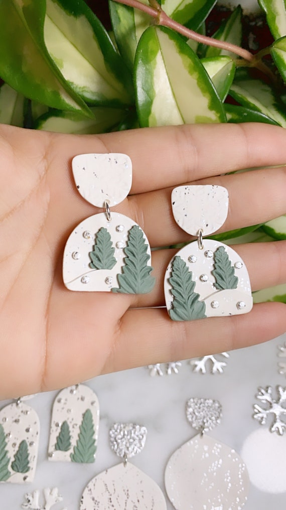 Winter Wonderland Let It Snow Collection stud dangle Statement Earrings Clay Jewelry Green tree sage silver foil