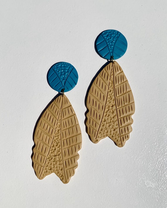 Indian Summer Collection BoHo Statement Earrings Clay Original unique Dangles Arrowhead Leaf Orange Rust Teal Yellow