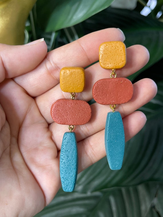Complexed Simplicity Collection Statement textured Earrings Small rust teal mustard Clay Jewelry Gold Clay Beads checker board